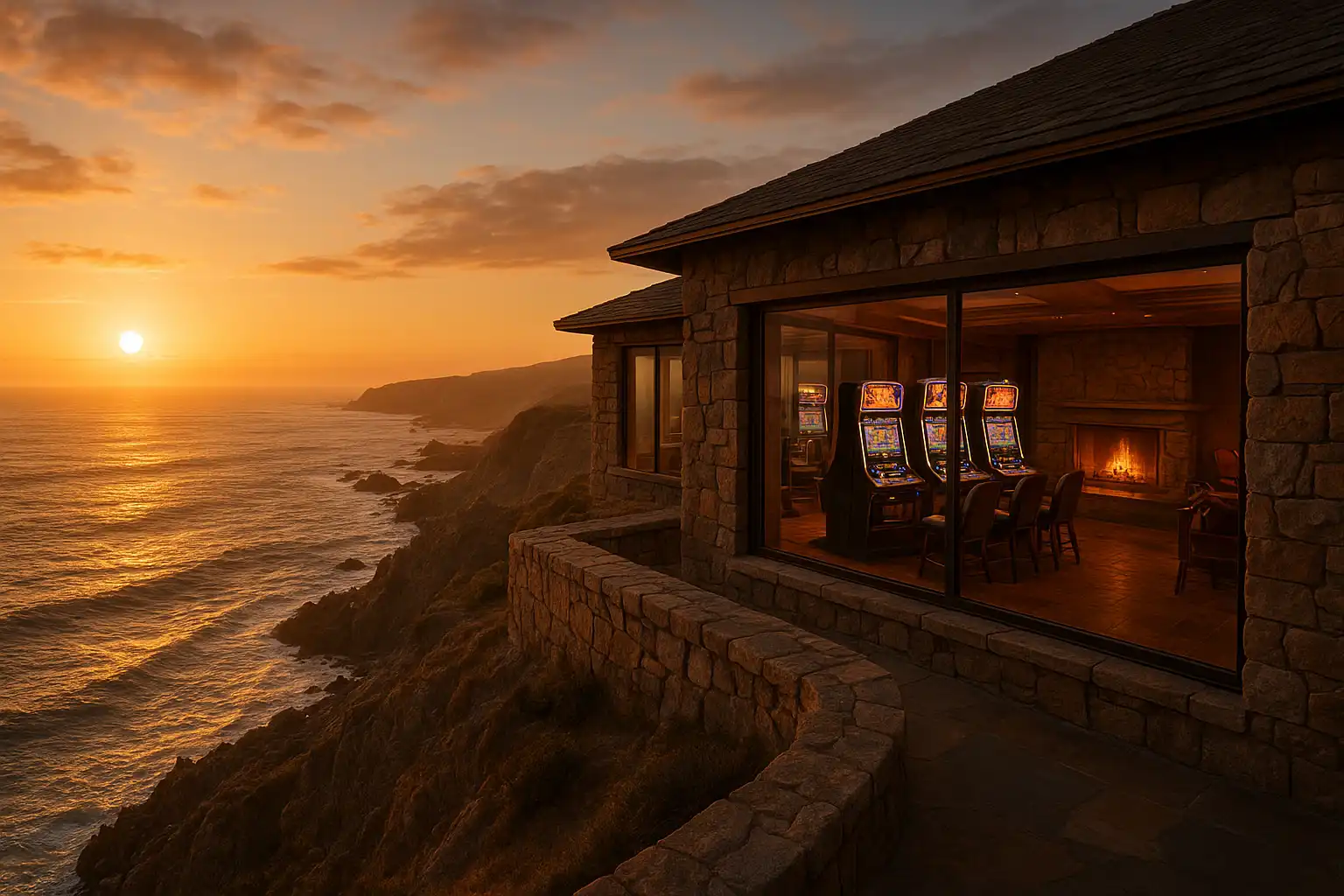 Luxury BetBluff cliffside casino lodge with panoramic ocean view at golden sunset