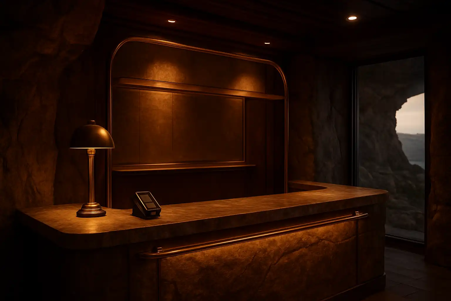 Interac payment desk inside the BetBluff lodge with a natural stone backdrop
