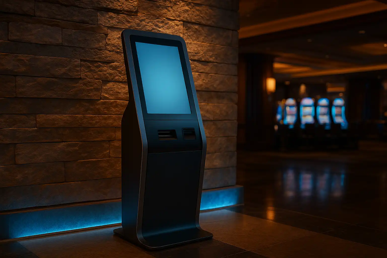 Pay n Play instant banking terminal inside the BetBluff lodge with warm lighting