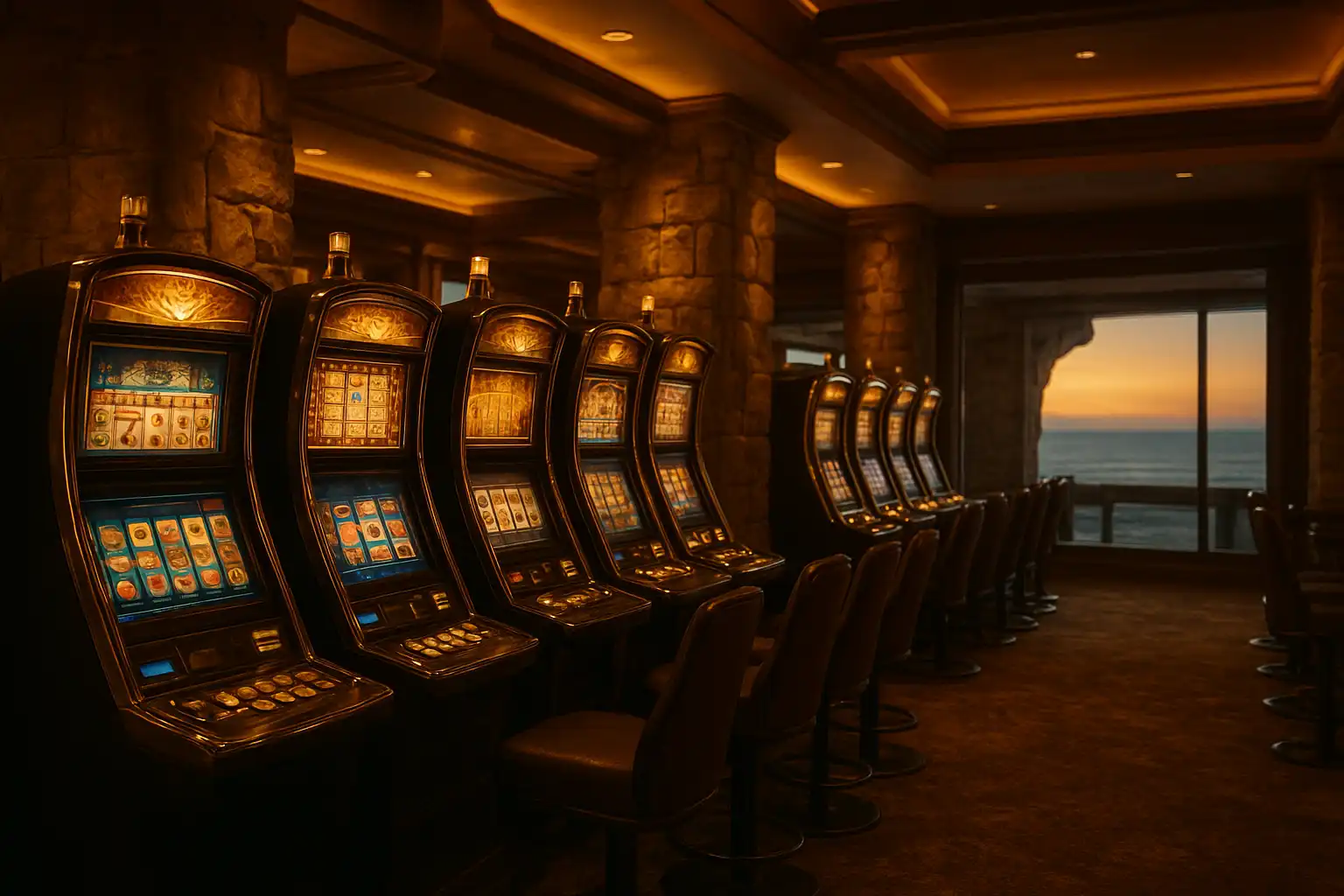 Elegant slot machine hall inside the BetBluff cliffside lodge with golden light