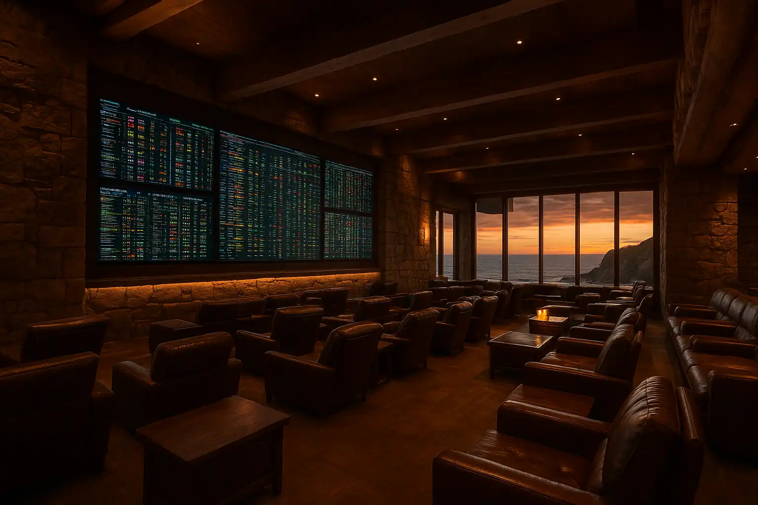 Cliffside sportsbook lounge at BetBluff with screens showing live odds and ocean view windows